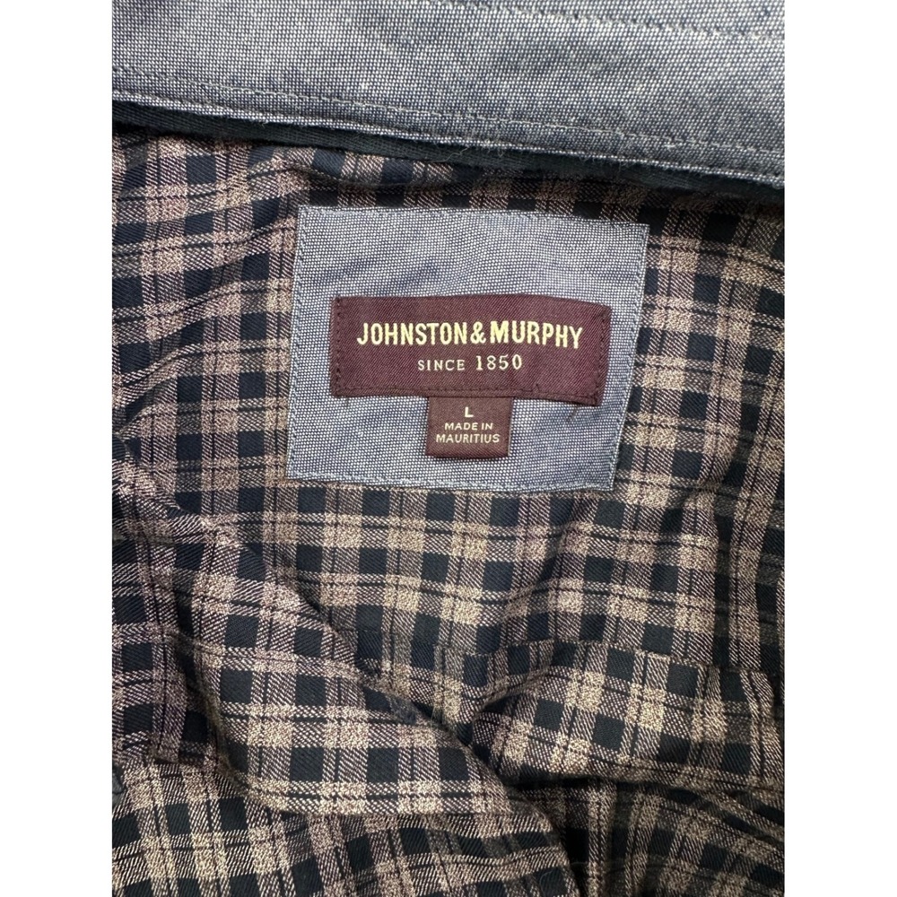 Johnston & Murphy Men's Large Plaid Button Down Shirt Navy Blue Tan Long Sleeve